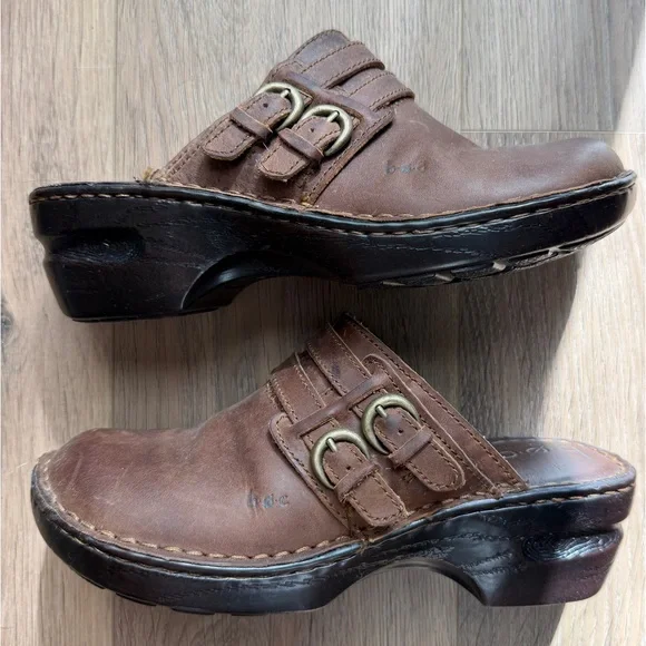 brown leather clogs - size 8.5 B.O.C. similar to model  C69323 slide buckles - Picture 6 of 7